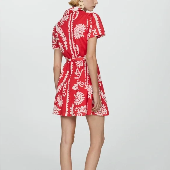 Mango Red & White Print Patterned Mini Dress in 100% Cotton with Pockets - Picture 4 of 14